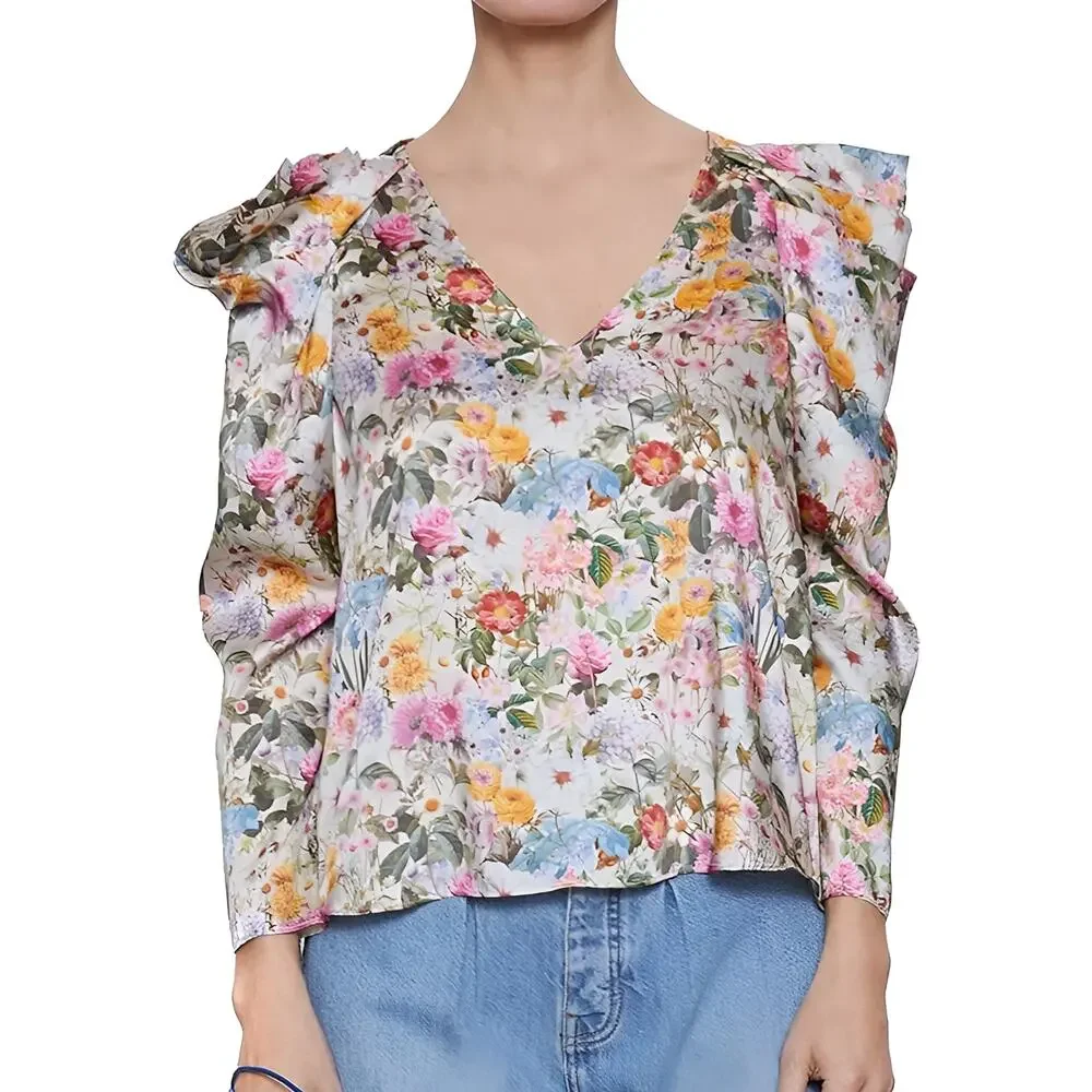 Zara Womens Cottagecore Spring V-Neck Puff Long‎ Sleeve Floral Blouse Size XS